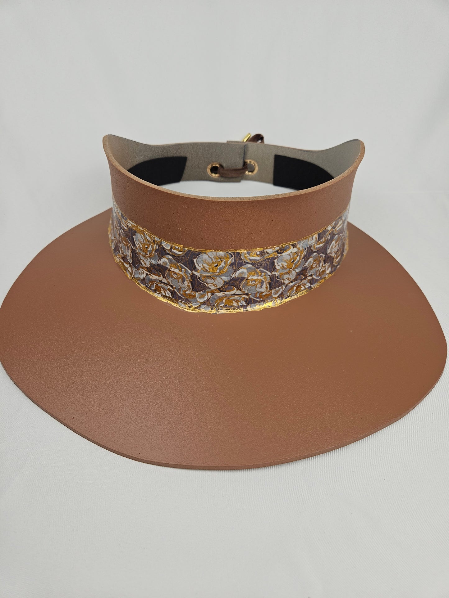 Tall Mocha Brown Visor Hat - Gray and Gold Floral Band