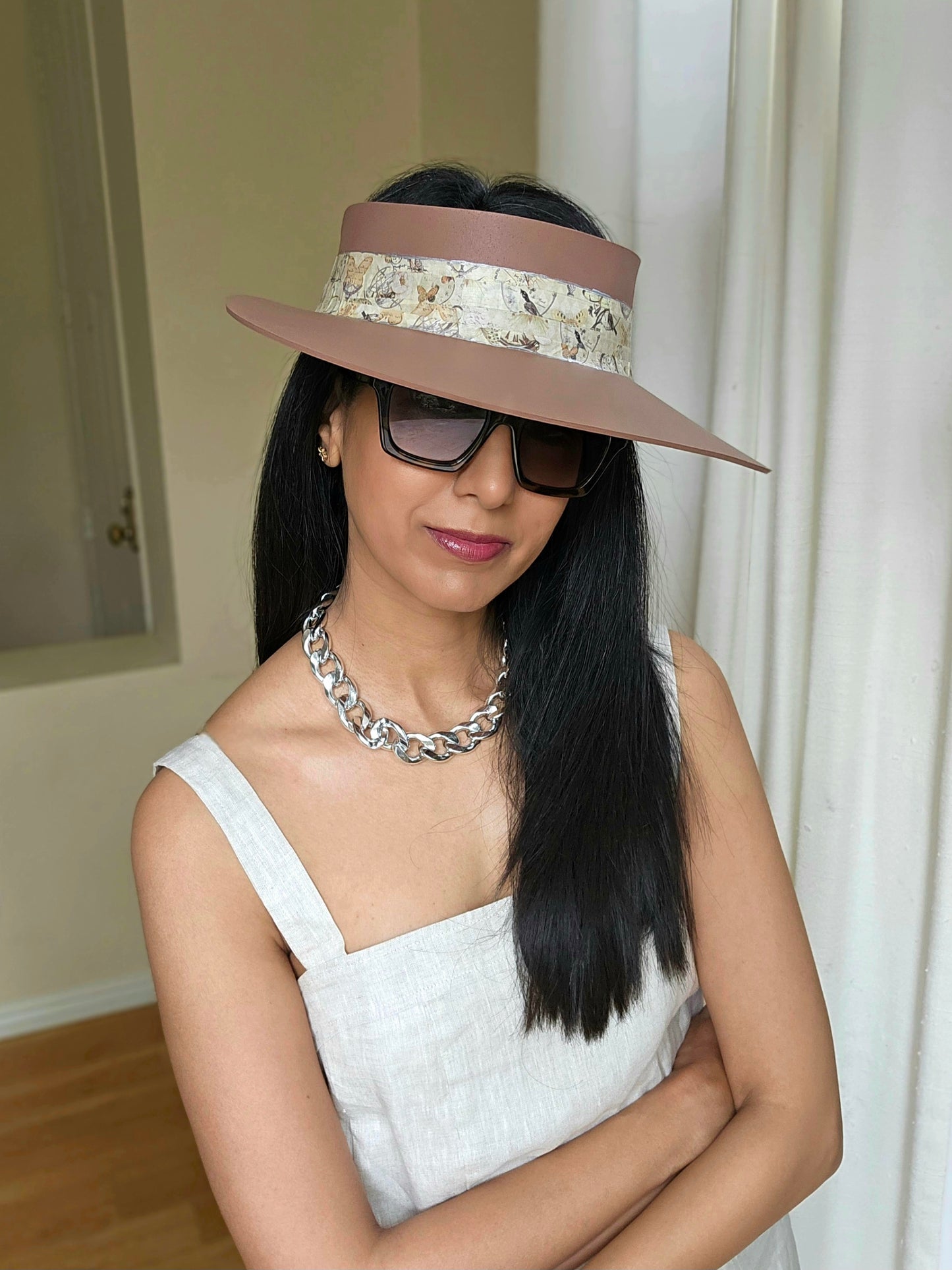 Brown "LadyEVA" Visor Hat with Vintage Collage Style Band