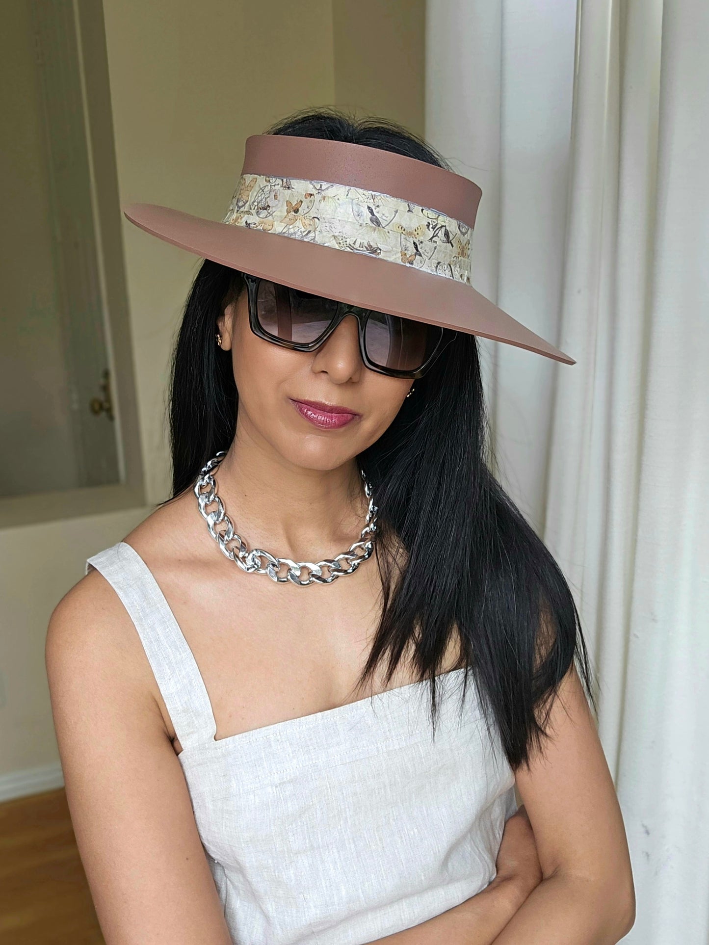 Brown "LadyEVA" Visor Hat with Vintage Collage Style Band