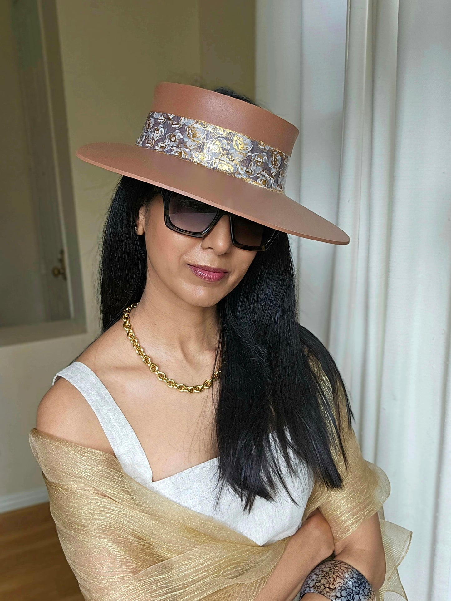 Tall Brown "LadyEVA" Visor Hat with Gray and Gold Floral Band