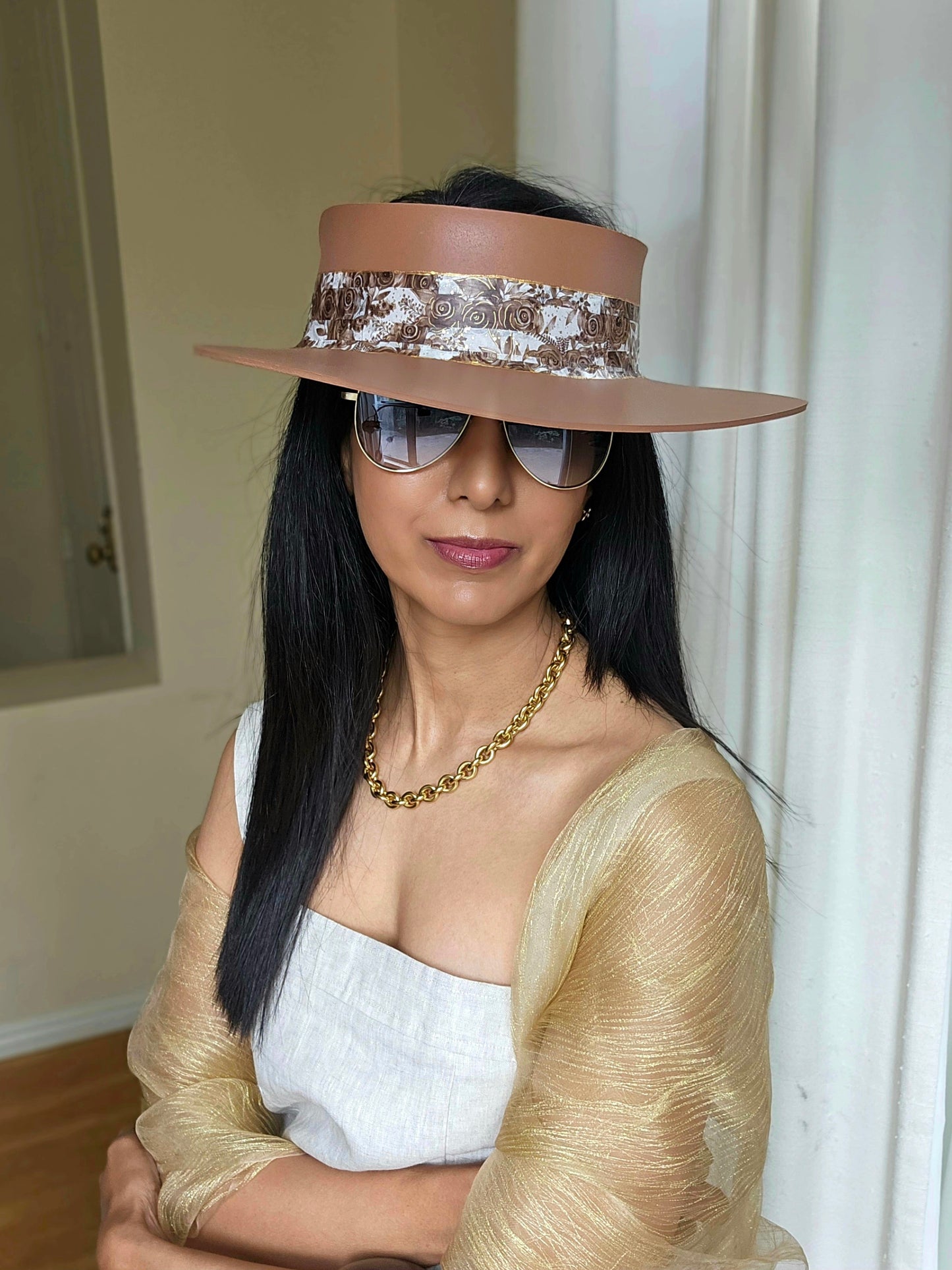 Tall Brown "LadyEVA" Visor Hat with Earthy Brown Floral Band