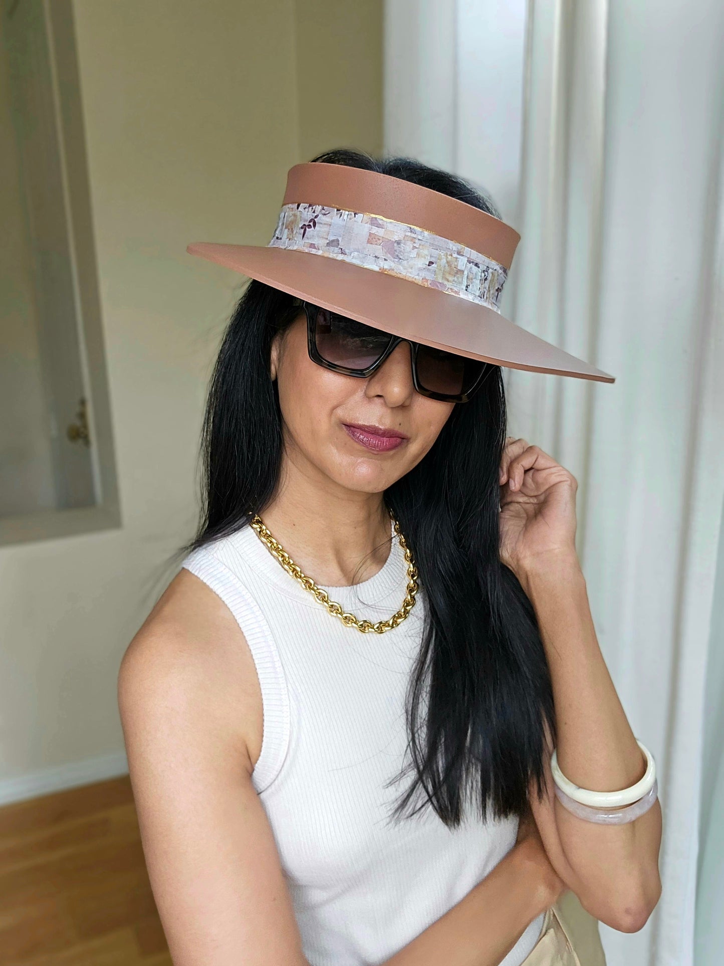 Brown "LadyEVA" Visor Hat with Botanical Themed Collage Band