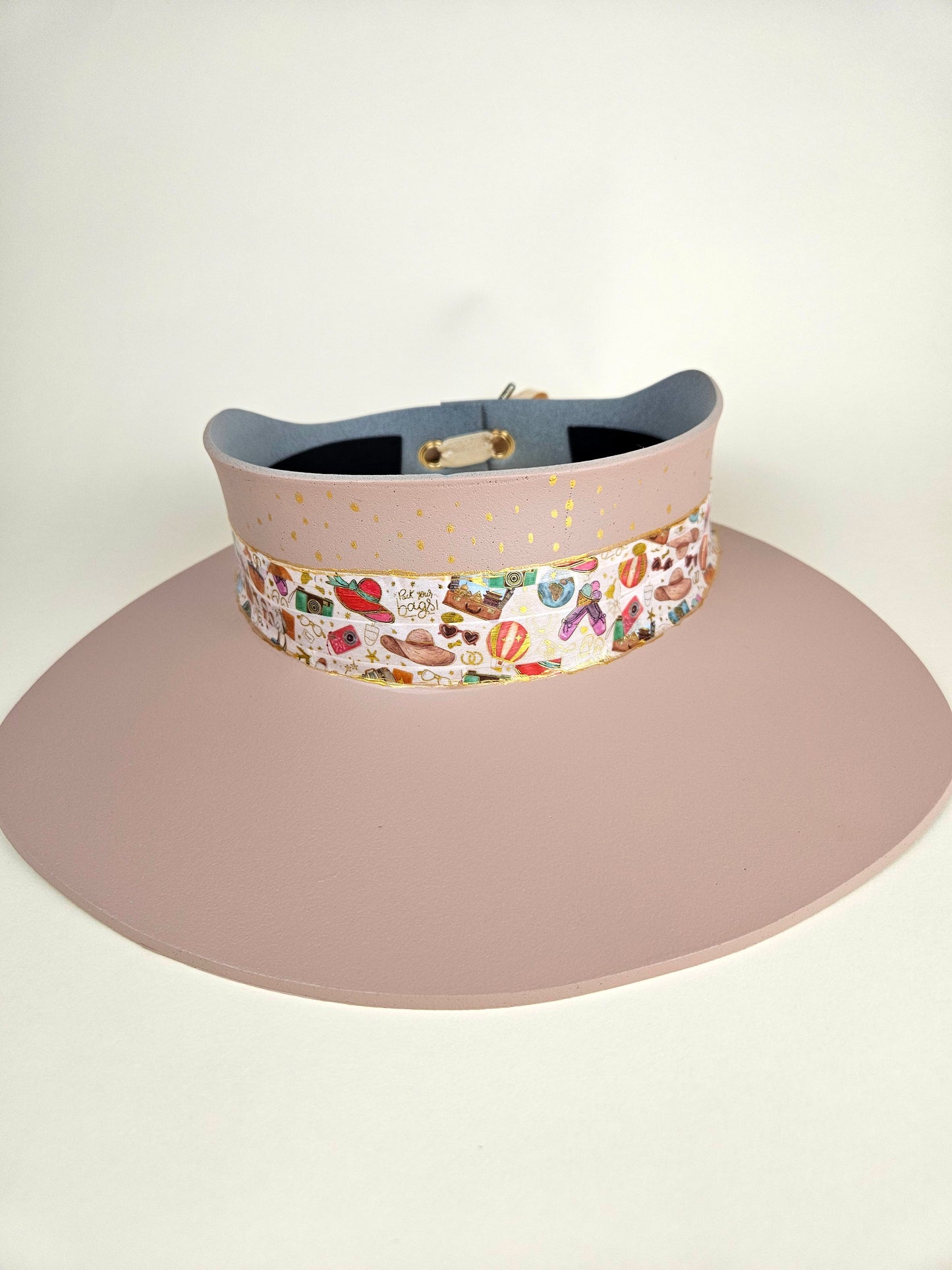 Tall Peachy Pink "LadyEVA" Hat with Beach Themed Band and Gold Polka Dots
