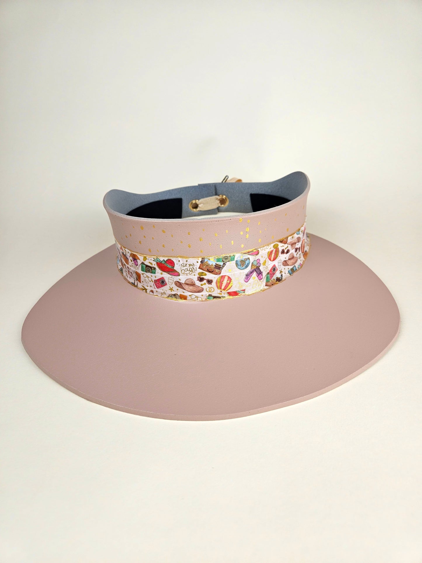 Tall Peachy Pink "LadyEVA" Hat with Beach Themed Band and Gold Polka Dots