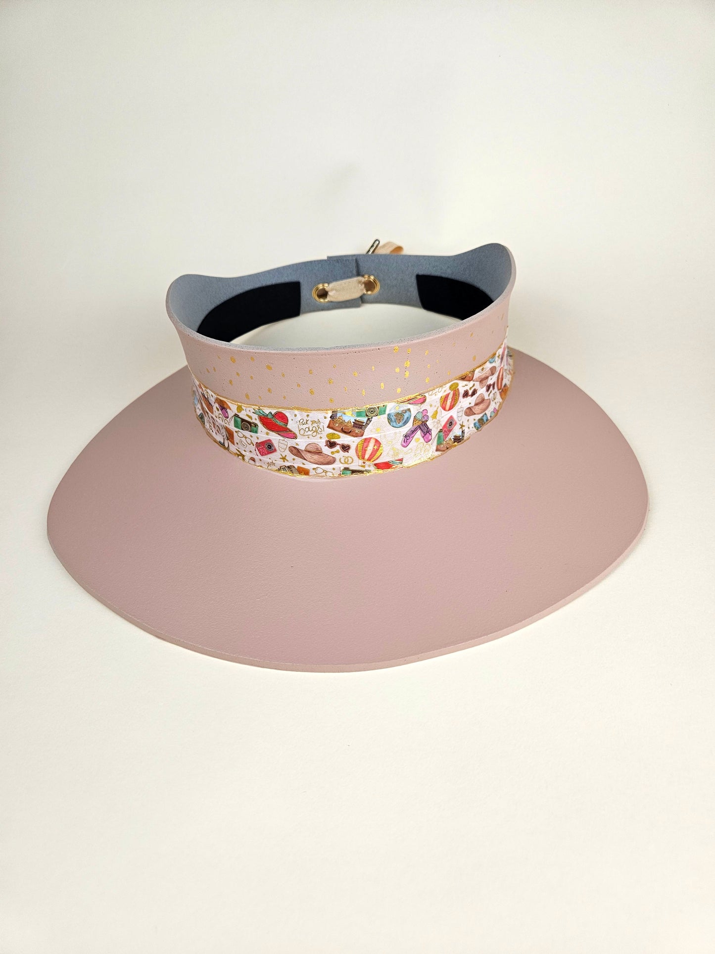 Tall Peachy Pink "LadyEVA" Hat with Beach Themed Band and Gold Polka Dots