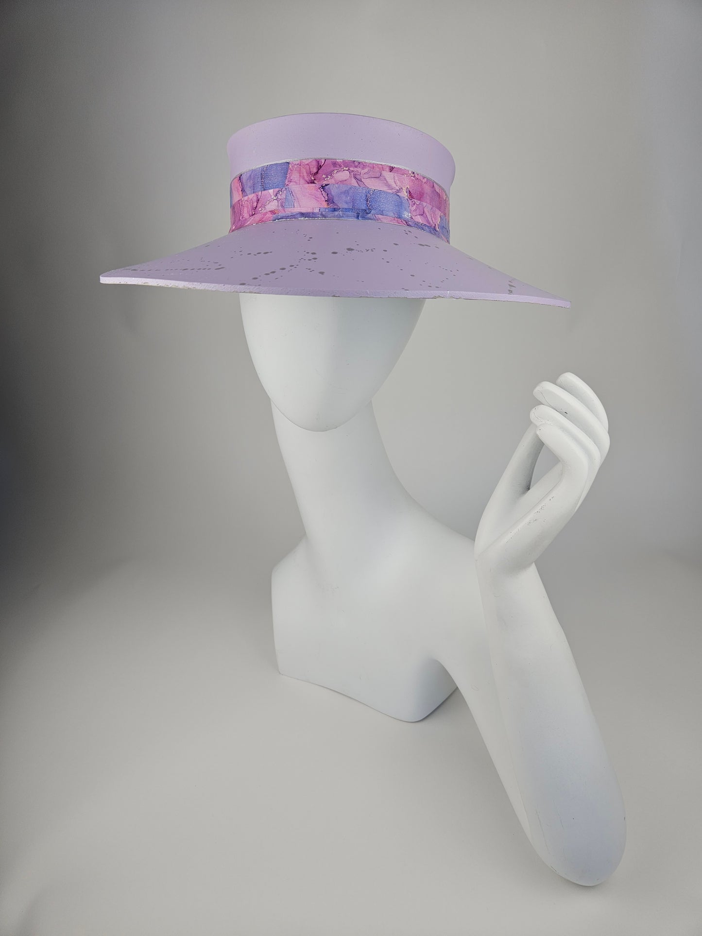Lilac Purple "LadyEVA" Visor Hat with Multicolor Marbled Band and Silver Paint Splatter Effect