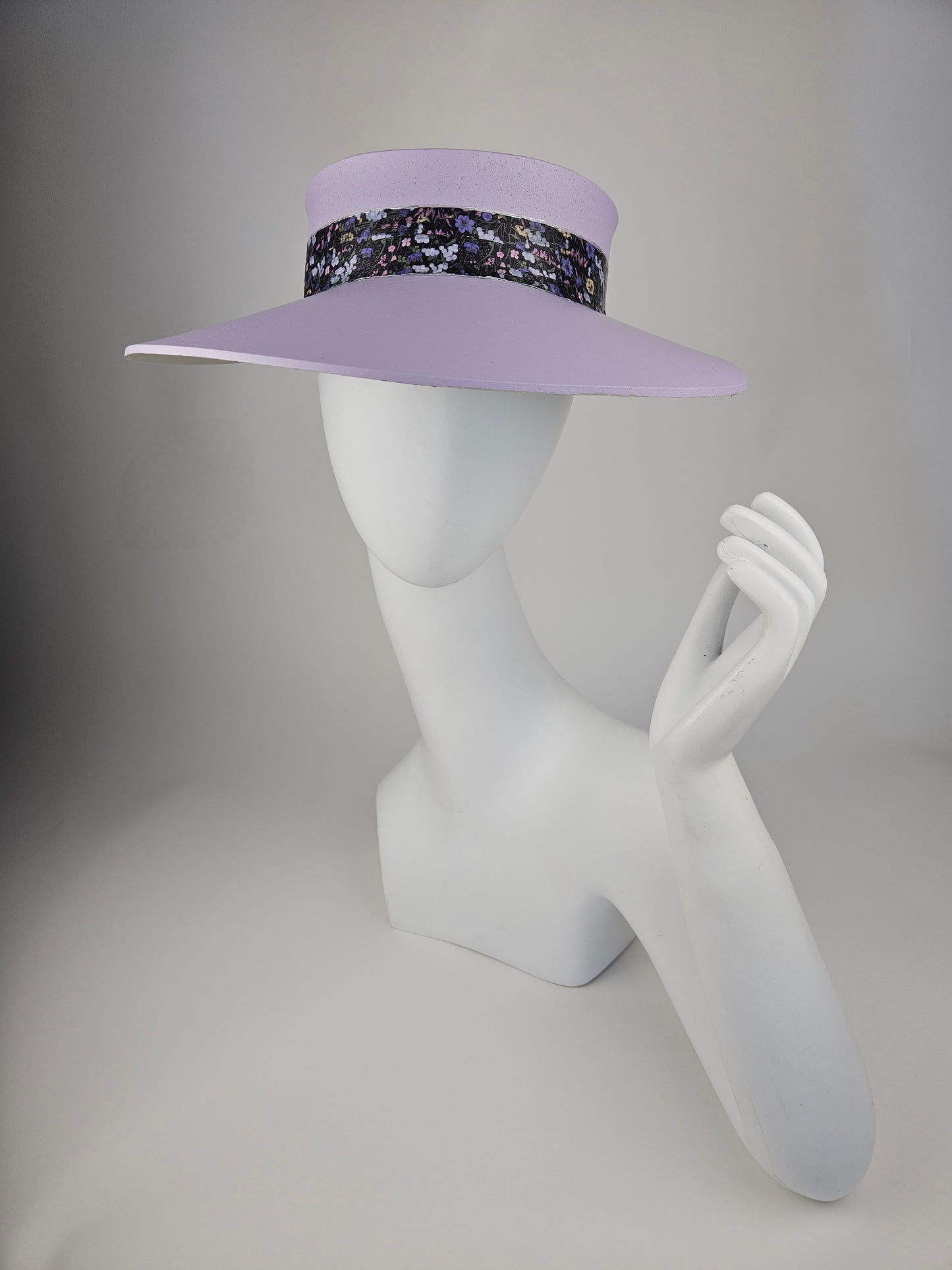 Lilac Purple "LadyEVA" Visor Hat with Black and Multicolor Floral Band