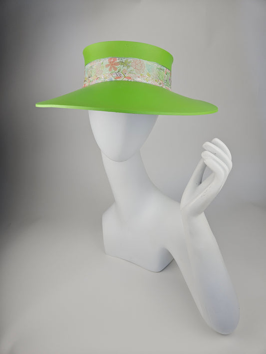 Neon Green Audrey Sun Visor Hat with Lovely Pastel Floral Band: Tea, Walks, Brunch, Asian, Golf, Summer, Church, No Headache, Pool, Beach