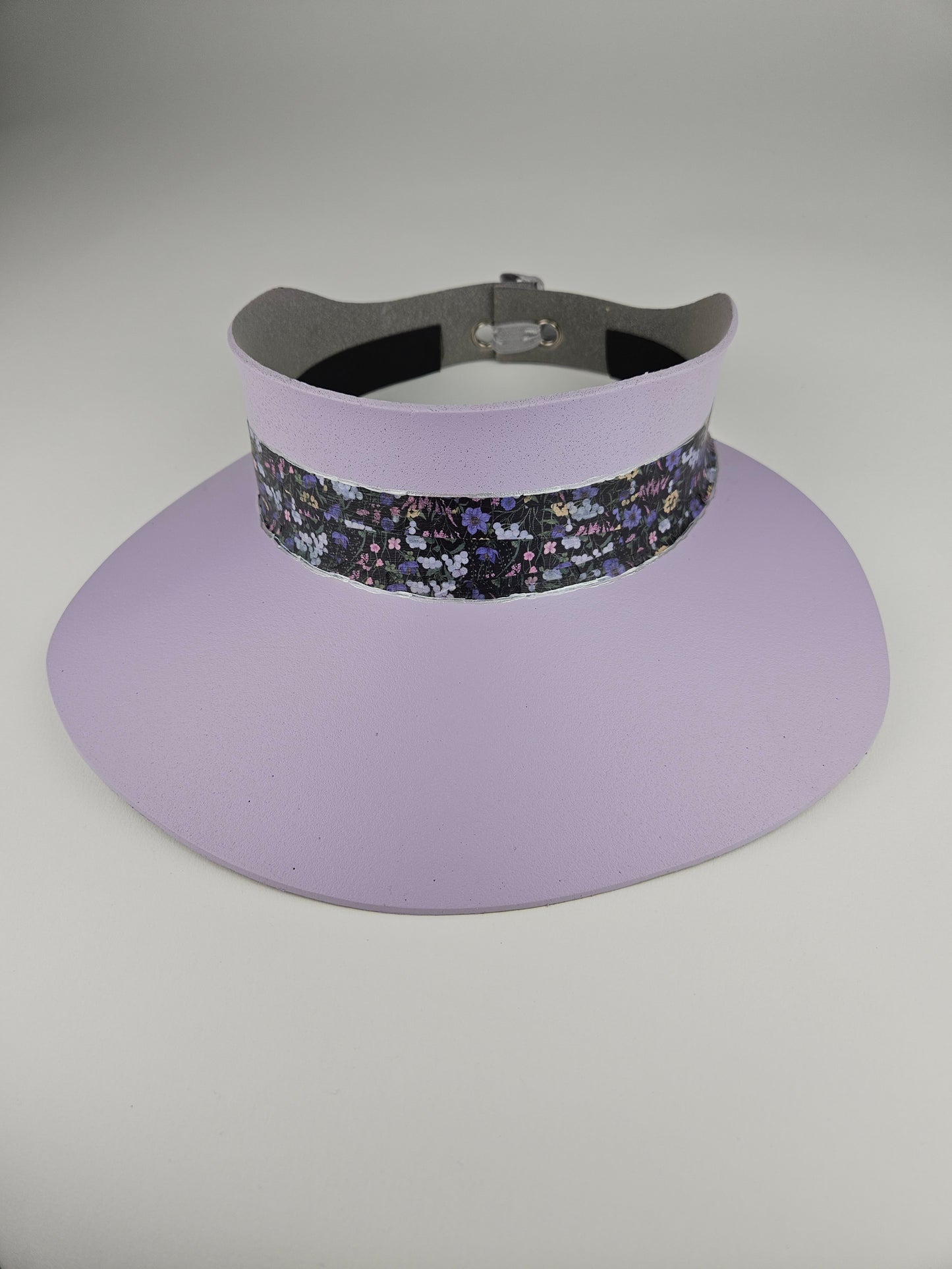 Lilac Purple "LadyEVA" Visor Hat with Black and Multicolor Floral Band