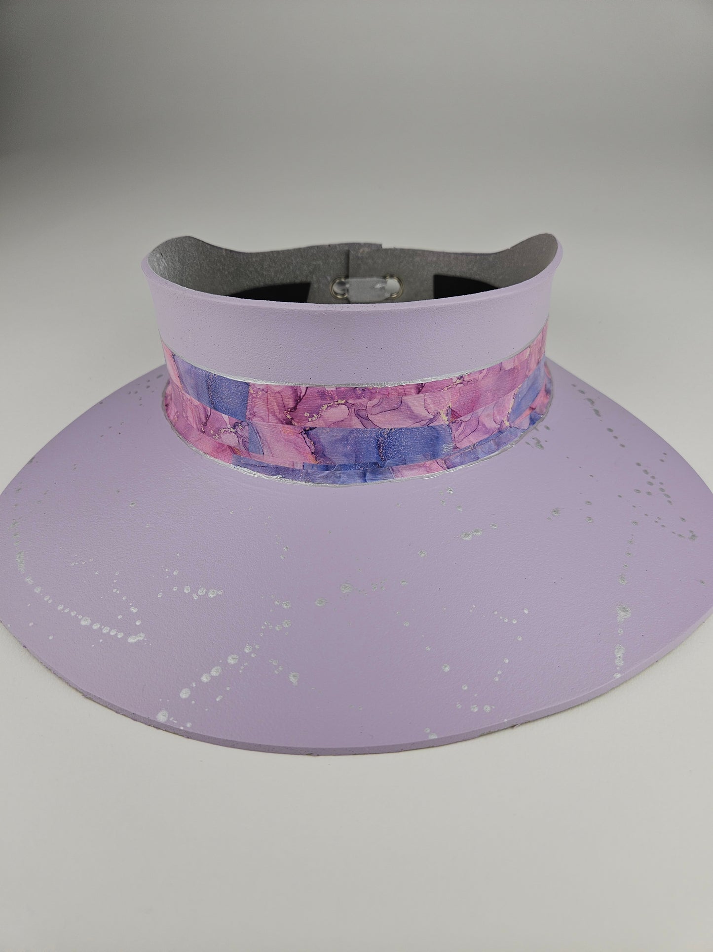 Lilac Purple "LadyEVA" Visor Hat with Multicolor Marbled Band and Silver Paint Splatter Effect