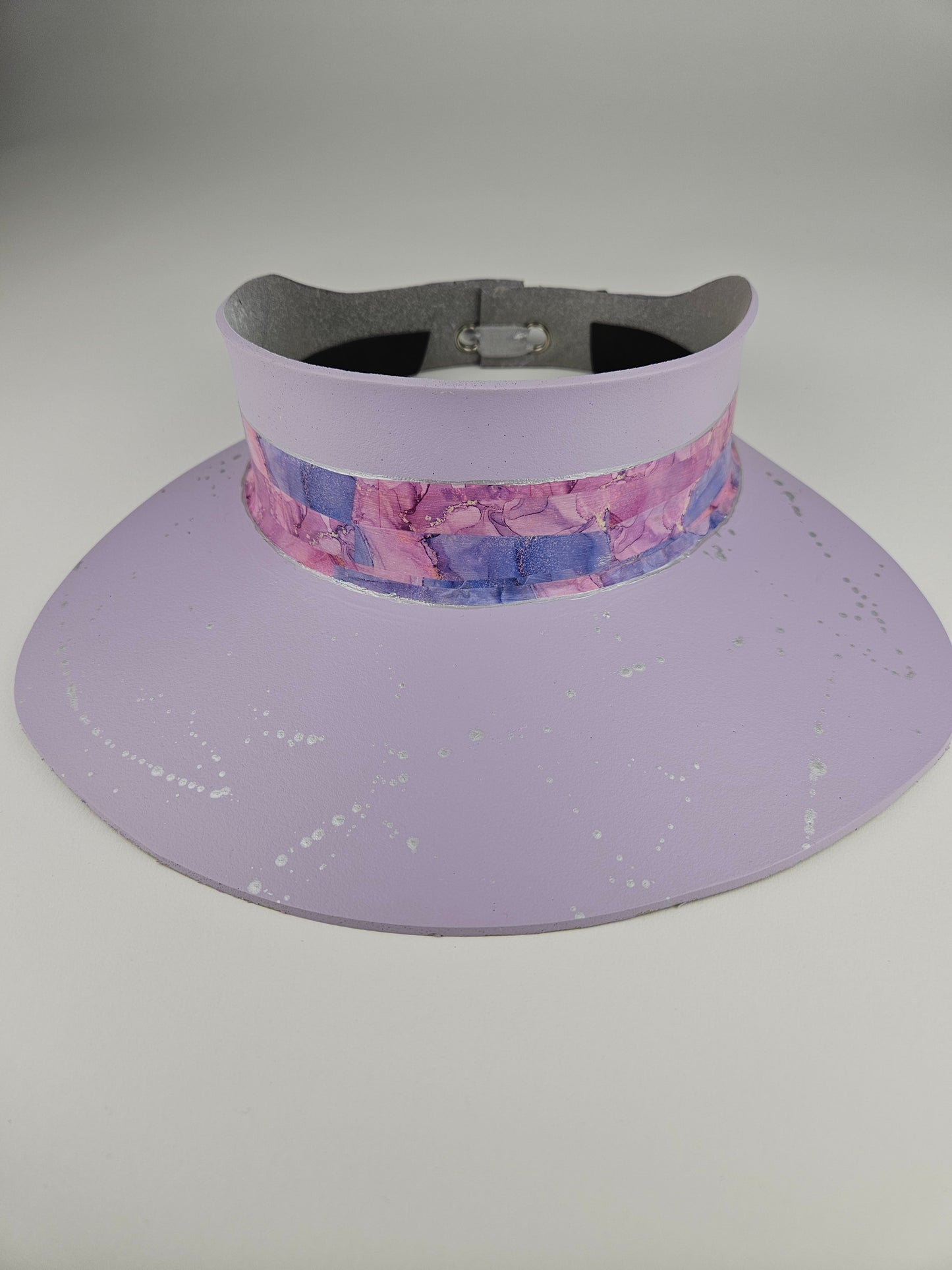 Lilac Purple "LadyEVA" Visor Hat with Multicolor Marbled Band and Silver Paint Splatter Effect