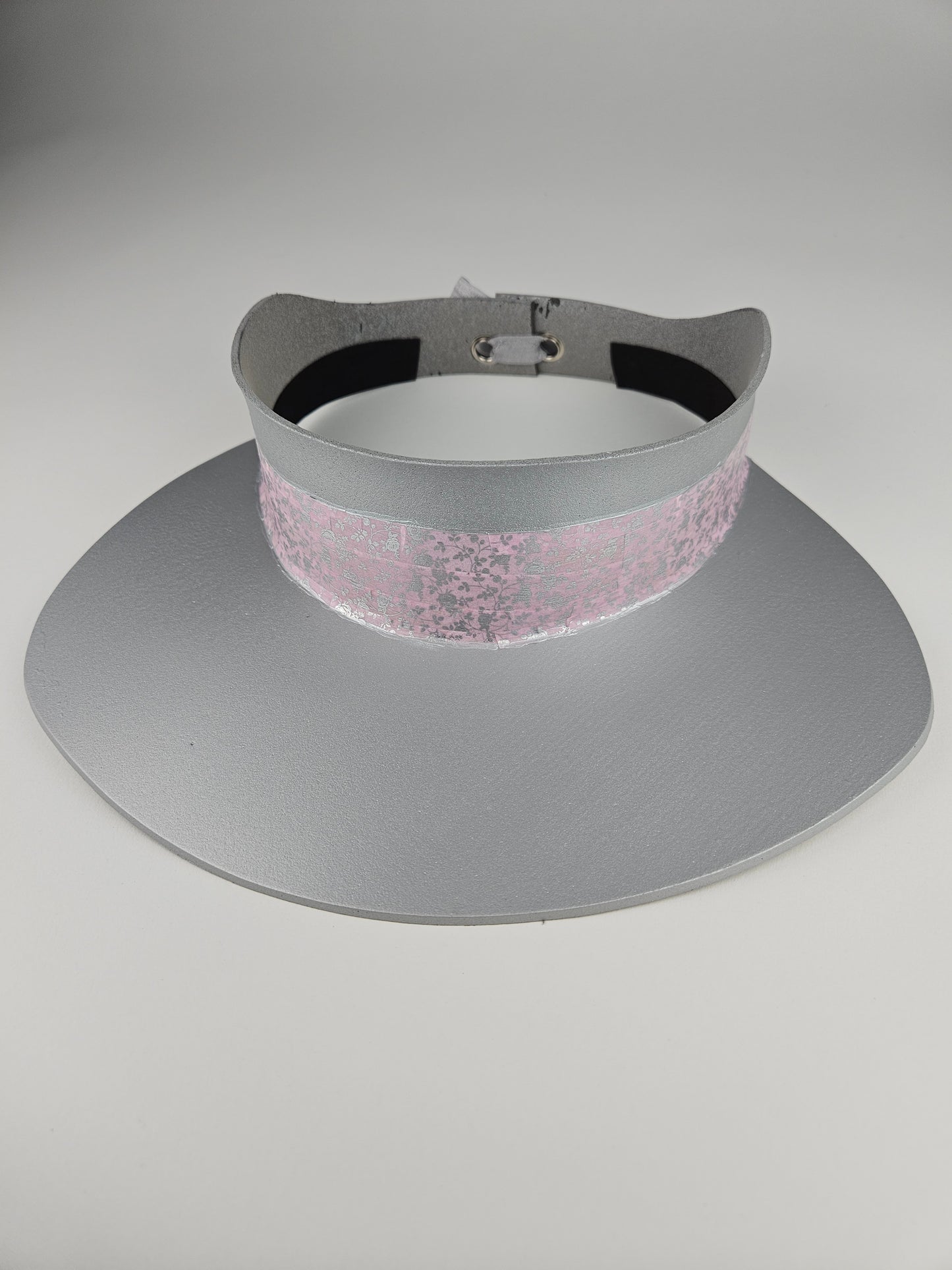 Tall Silver "LadyEVA" Visor Hat with Pink and Silver Floral Band