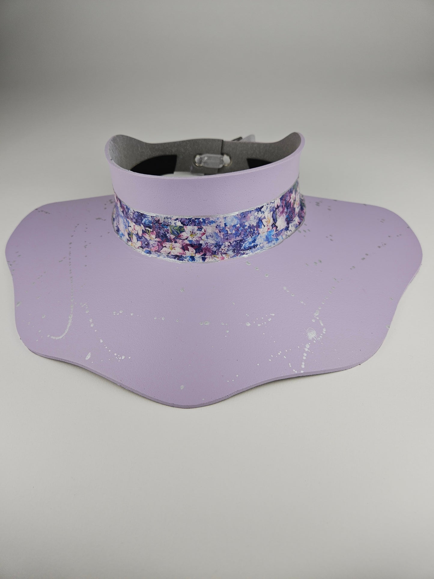 Lilac Purple Lotus Visor Hat with Purple Floral Band and Silver Paint Splatter Effect