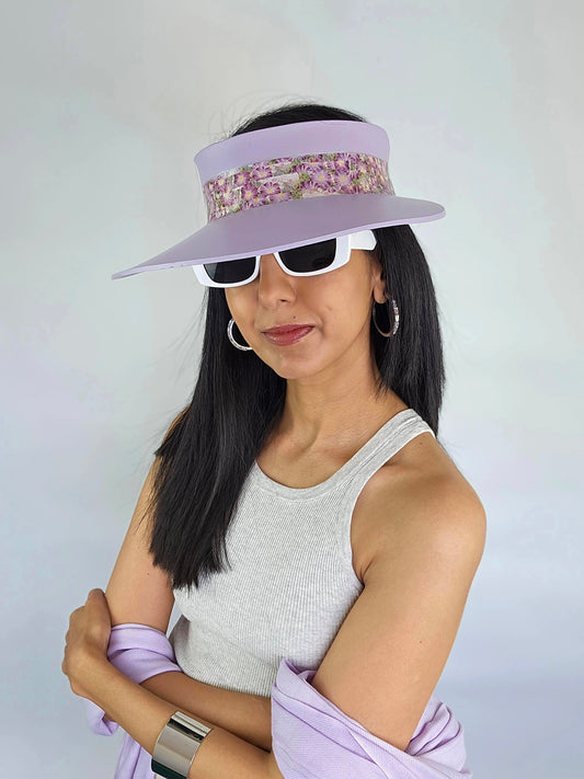 Lilac Purple Audrey Sun Visor Hat with Elegant Purple Floral Band: Tea, Walks, Brunch, Asian, Golf, Summer, Church, No Headache, Pool, Beach