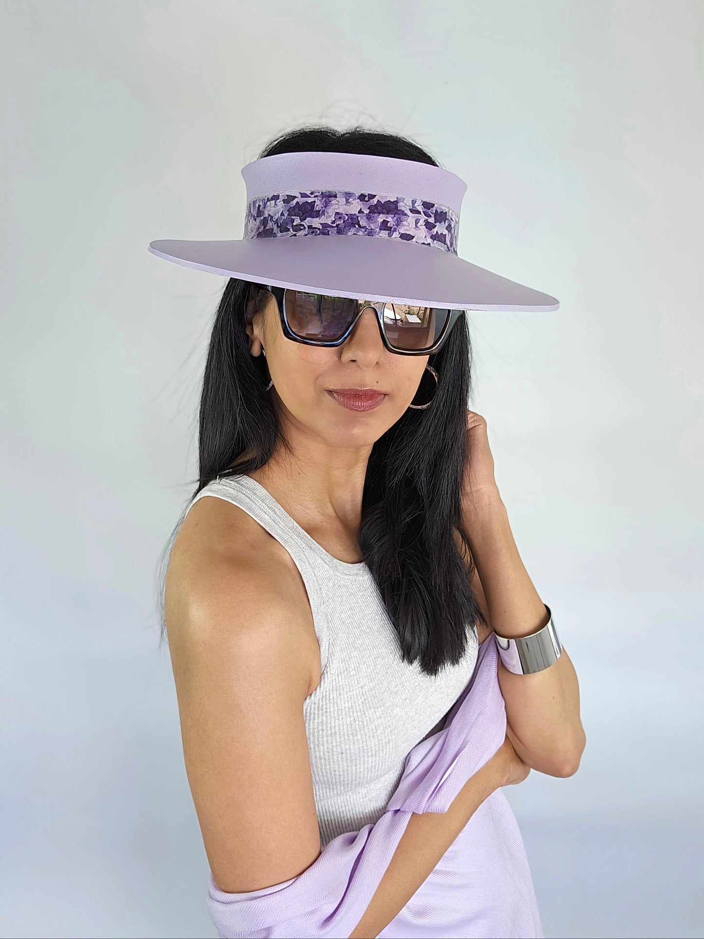 Lilac Purple "LadyEVA" Visor Hat with Dark Purple Floral Band