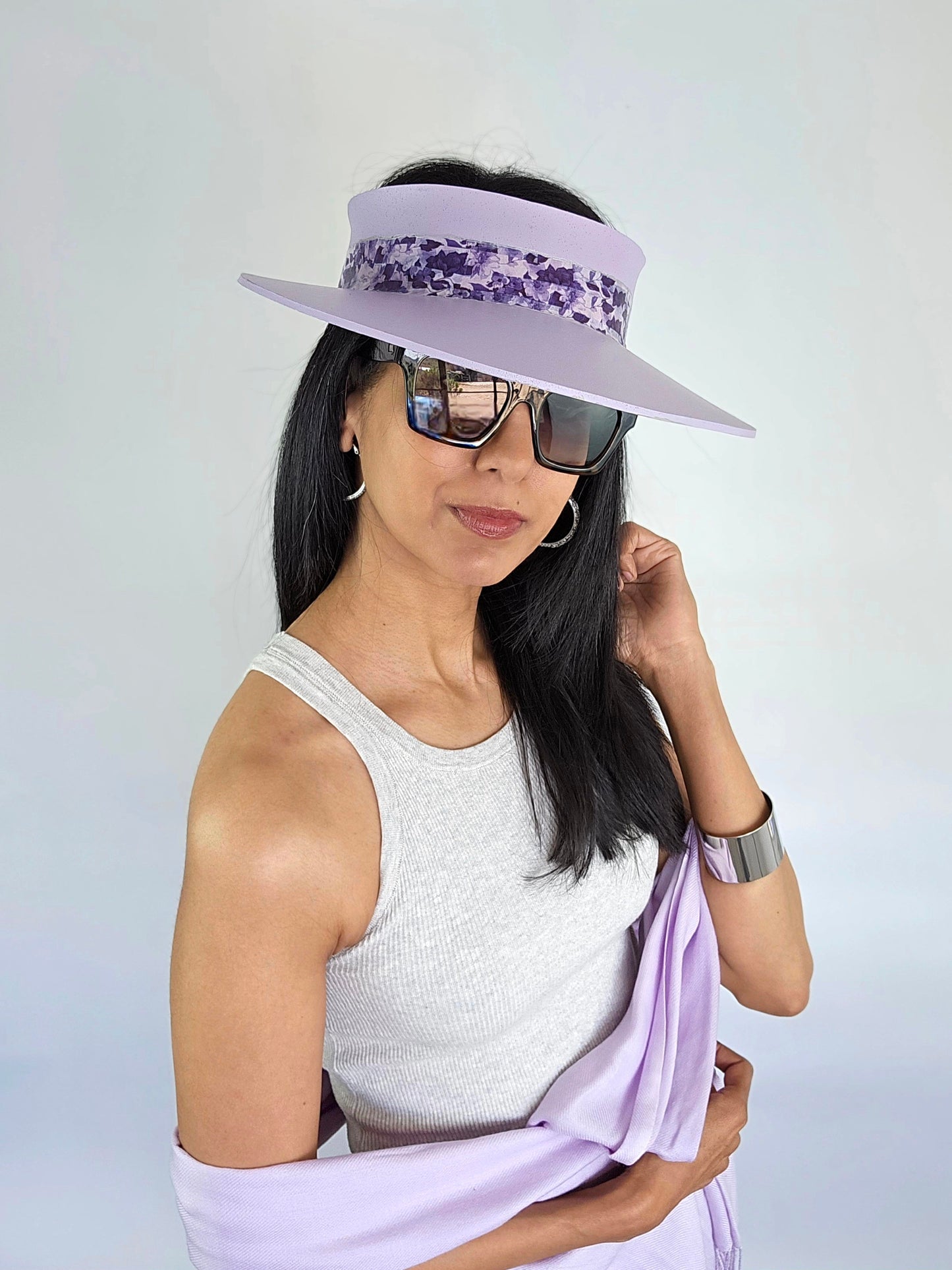 Lilac Purple "LadyEVA" Visor Hat with Dark Purple Floral Band