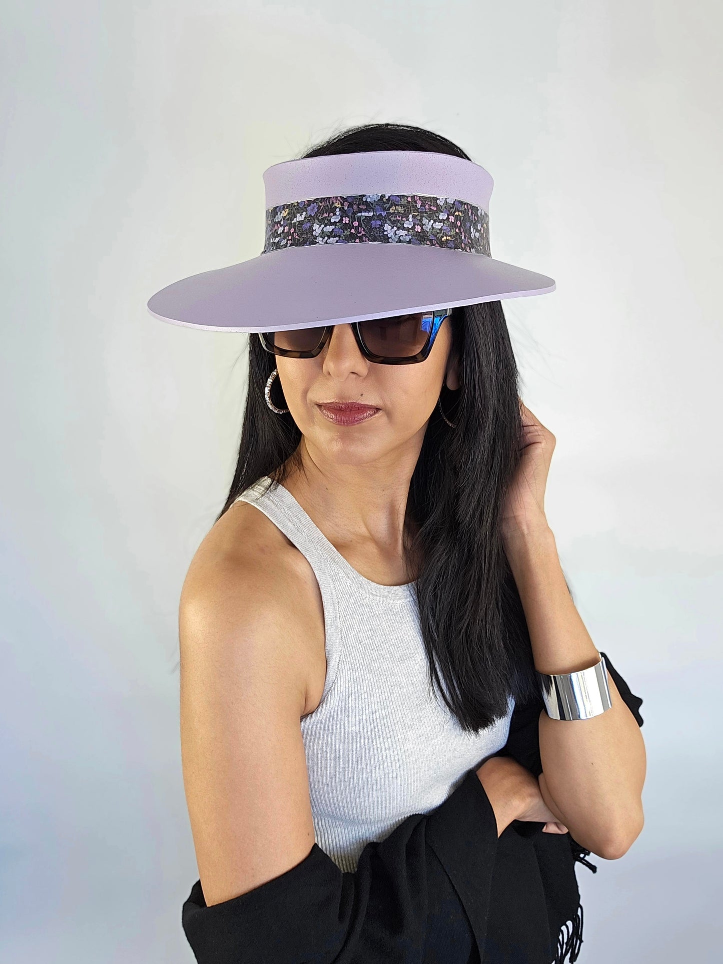 Lilac Purple "LadyEVA" Visor Hat with Black and Multicolor Floral Band