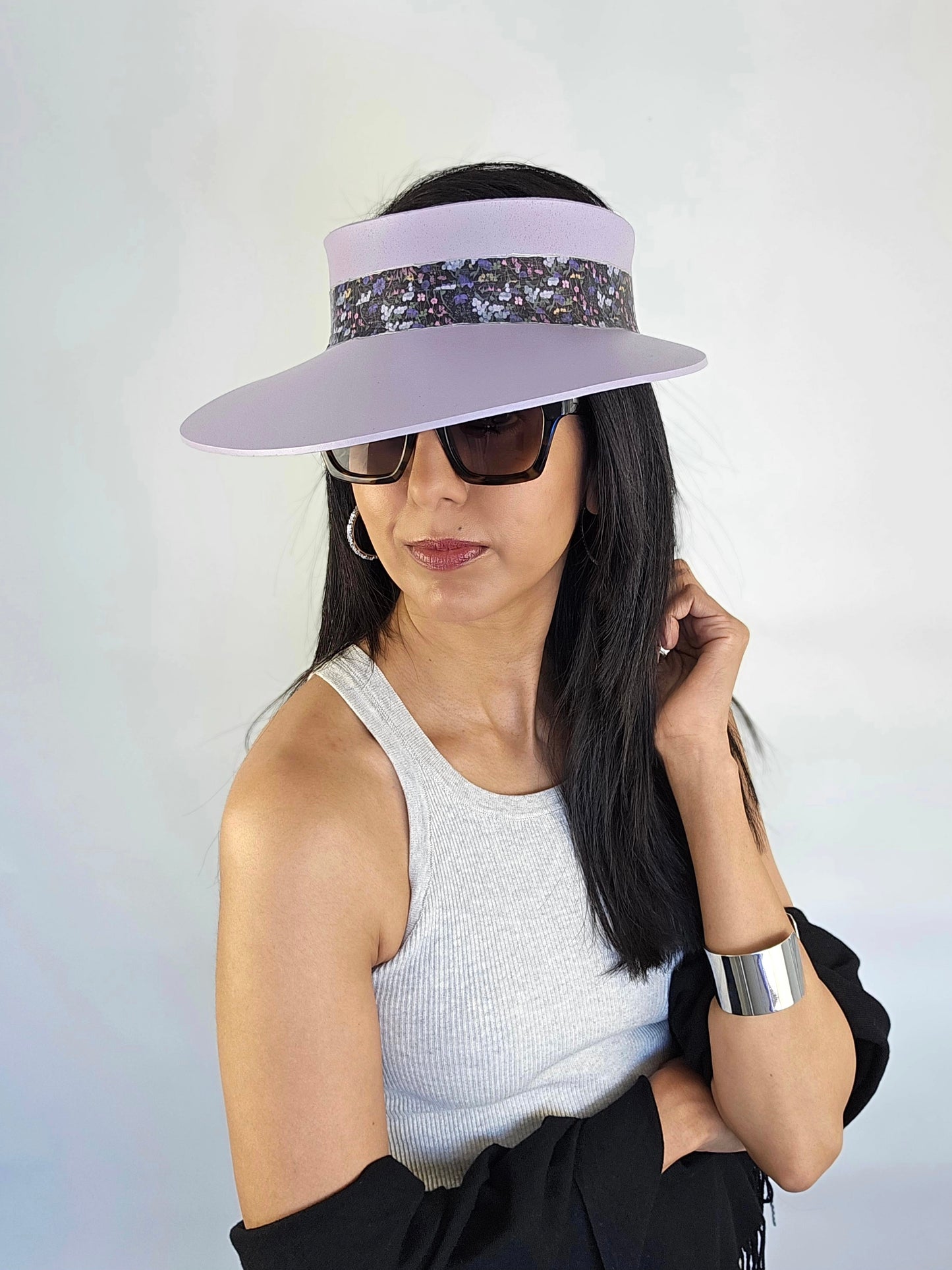 Lilac Purple "LadyEVA" Visor Hat with Black and Multicolor Floral Band