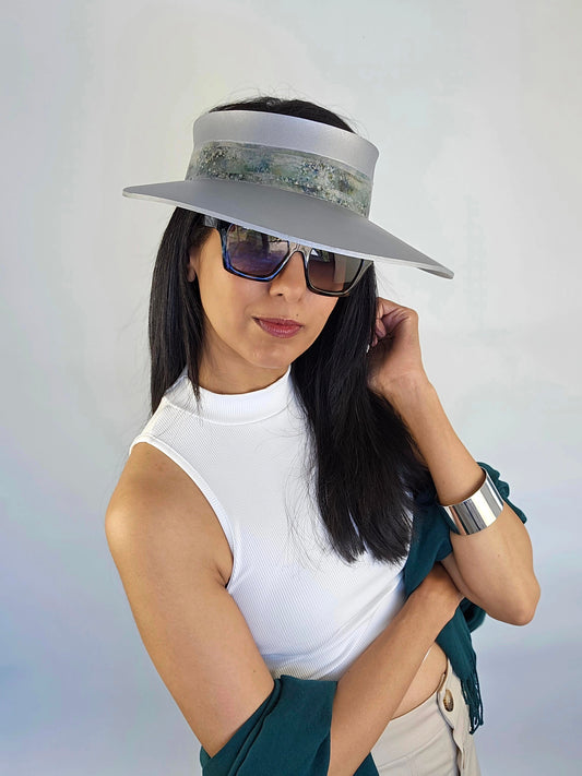 Trending Silver Audrey Sun Visor Hat with Lovely Green Monet Style Band: 1950s, Walks, Brunch, Asian, Golf, Summer, Church, No Headache, Pool, Beach