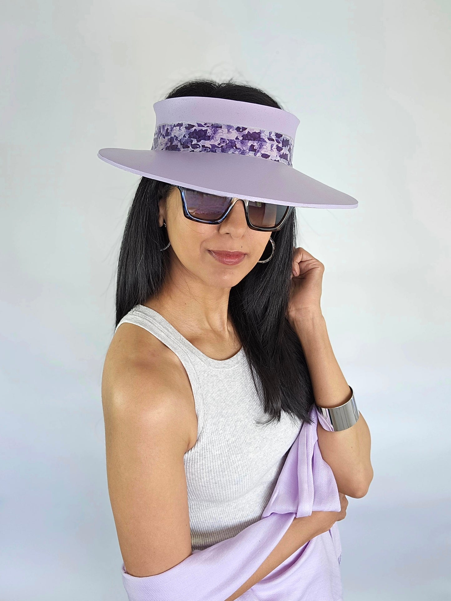 Lilac Purple "LadyEVA" Visor Hat with Dark Purple Floral Band