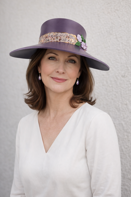 Woman wearing a purple hat with decorative elements against a plain background