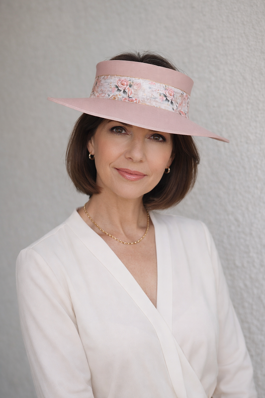 Woman wearing a pink visor with floral embellishments against a plain background