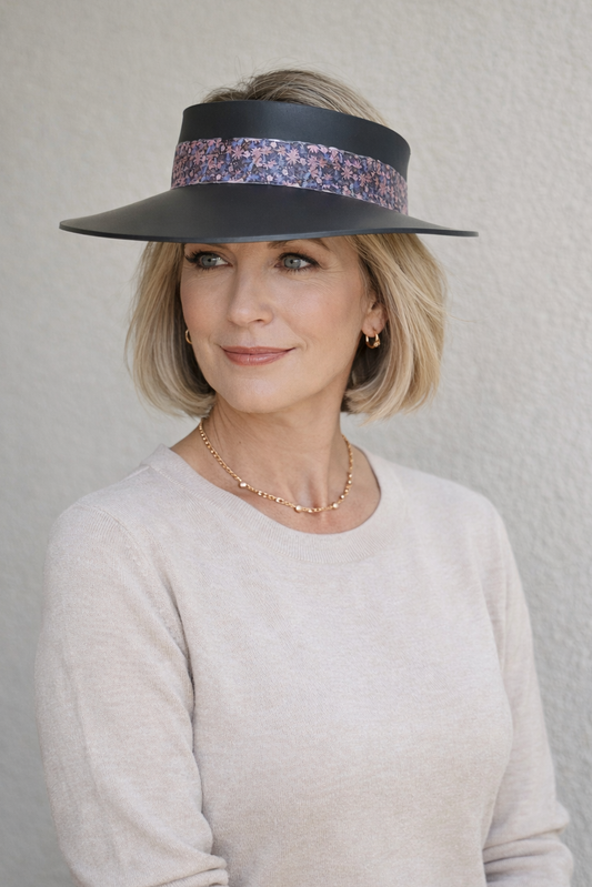 Black Visor Hat - Pink and Purple Floral Band