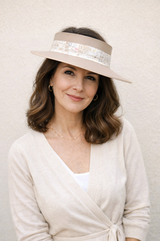 Woman wearing a beige visor with a white strap against a plain background