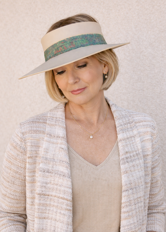 Beige "LadyEVA" Visor Hat with Green Monet Inspired Band