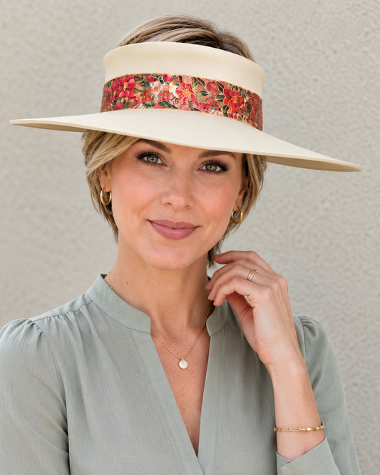 Beige Visor Hat - Red Floral Band