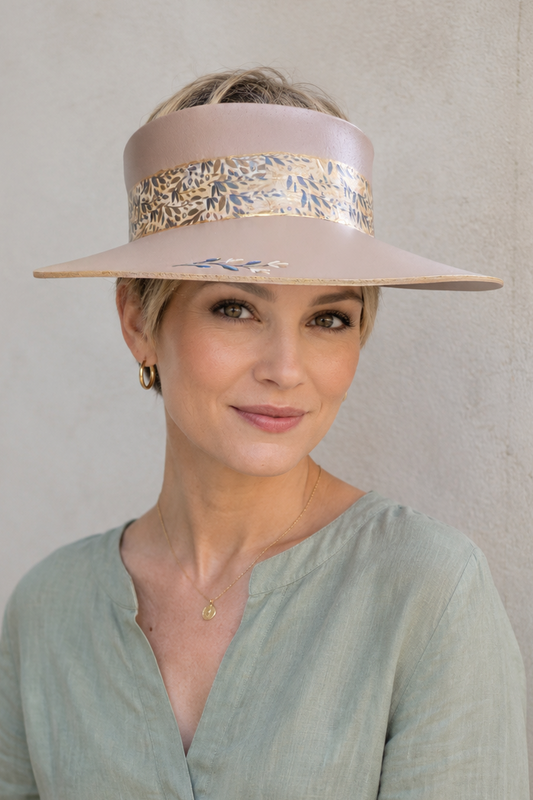 Tall Tan Visor Hat - Blue and Gold Floral Band and Hand painted Floral Motif