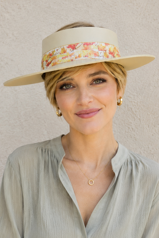 Beige Visor Hat - Orange Leaf Band