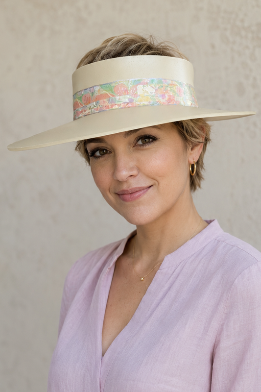 Beige Visor Hat - Bright Pastel Multicolor Floral Band