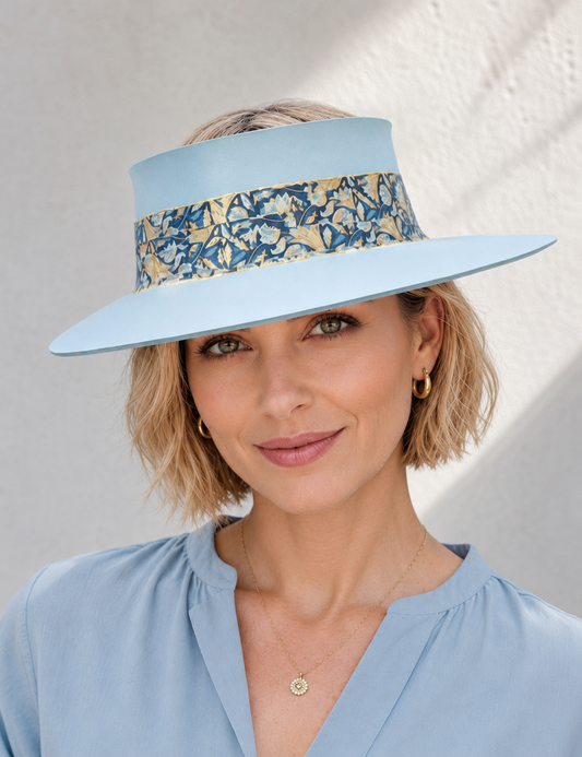 Tall Light Blue Visor Hat - Navy and Gold Band