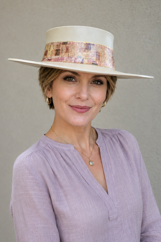 A woman wearing a wide-brimmed straw hat with a beige and multicolor patterned band, paired with a lavender long-sleeve blouse, photographed against a neutral gray wall.