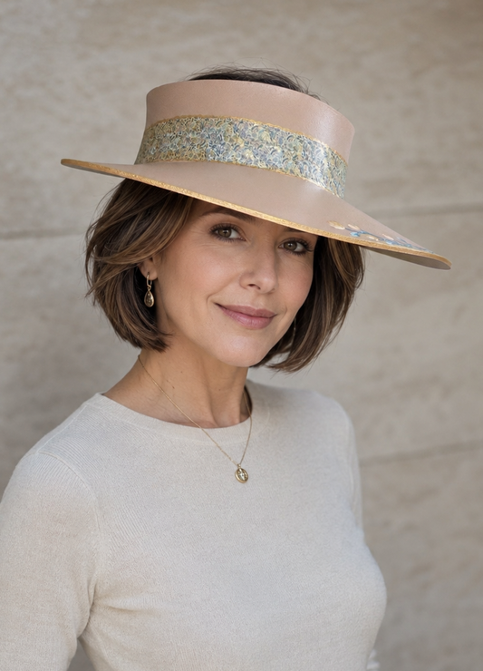 Tan Visor Hat - Floral Band and Hand painted Blue Floral Motif