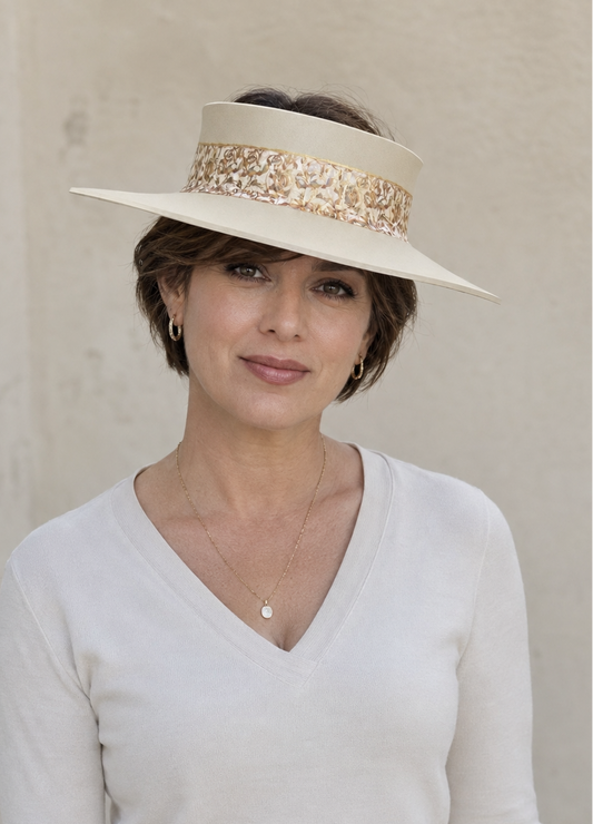 Beige Visor Hat - Light Golden Floral Band