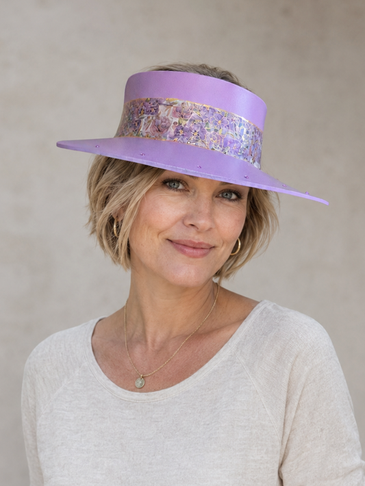 Tall Purple Visor Hat - Purple Floral Band and Rhinestone Border