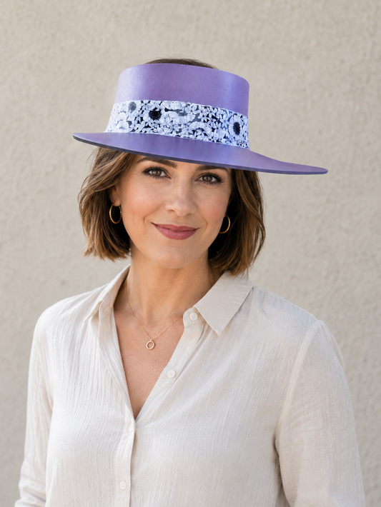 Tall Purple Visor Hat - Black and White Floral Band