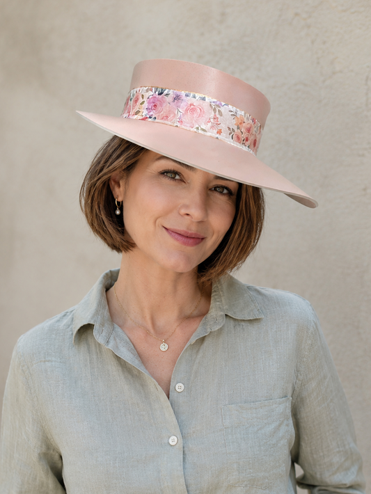 Tall Peach Pink Visor Hat - Bright Pink Floral Band