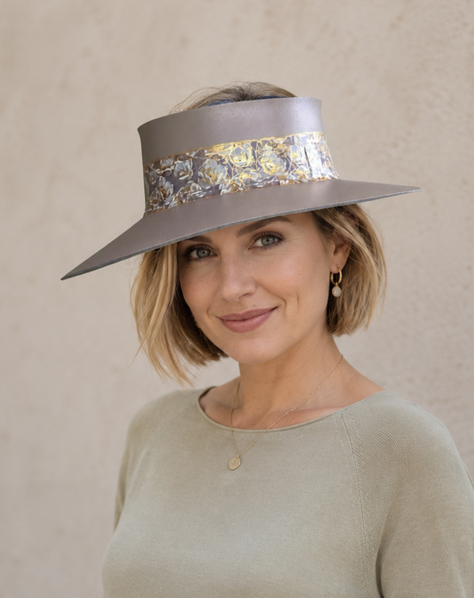 Tall Taupe Brown Visor Hat - Golden Floral Band