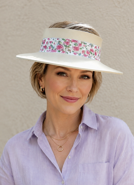Beige Visor Hat - Bright Pink Floral Band