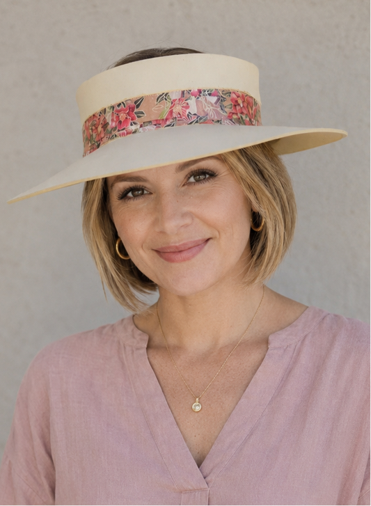 Beige Visor Hat - Red Floral Band