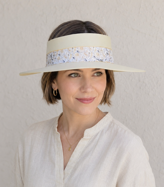 Beige Visor Hat - Golden White Floral Band