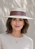 Tall Beige Visor Hat - Geometric Burgundy Band