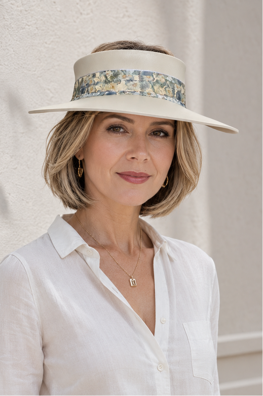Beige Visor Hat - Blue Floral Band