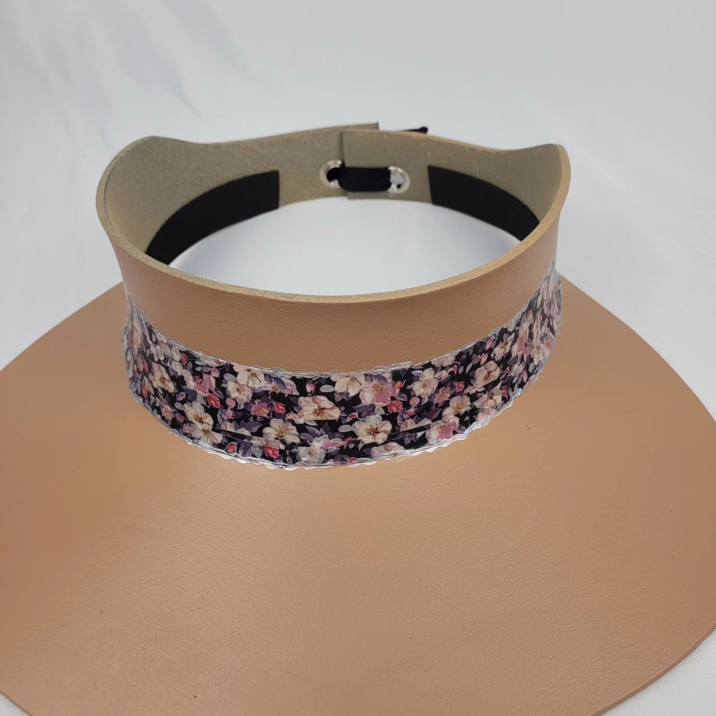 Tan Visor Hat - Dark Floral Band and Silver Accents