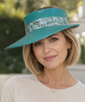 Emerald Green Visor Hat - Leaf Band and Handpainted Floral Motif