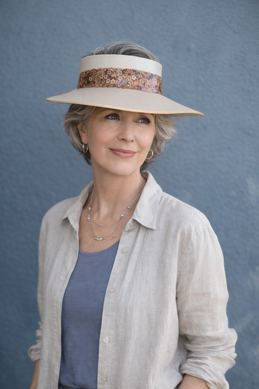 Woman wearing a wide-brimmed hat against a blue background