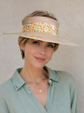 Tan Visor Hat - Autumn Floral Band and Hand painted Orange Floral Motif
